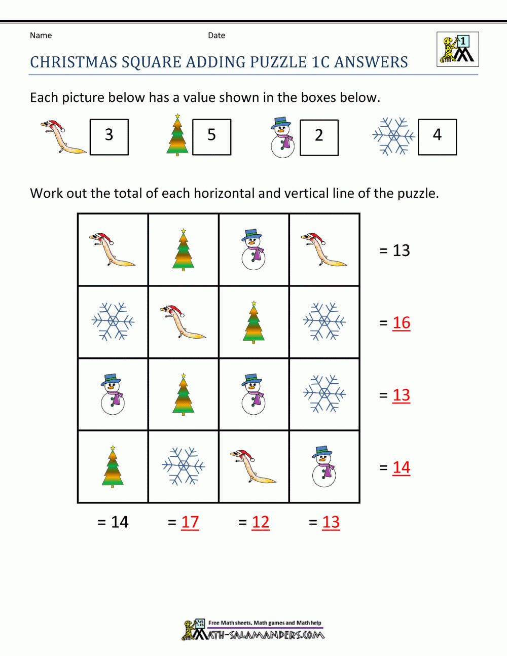 1st Grade Christmas Worksheet Math