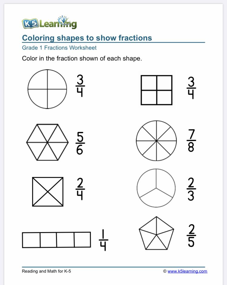 1st Grade Fractions Math Worksheets K5 Learning Fractions 