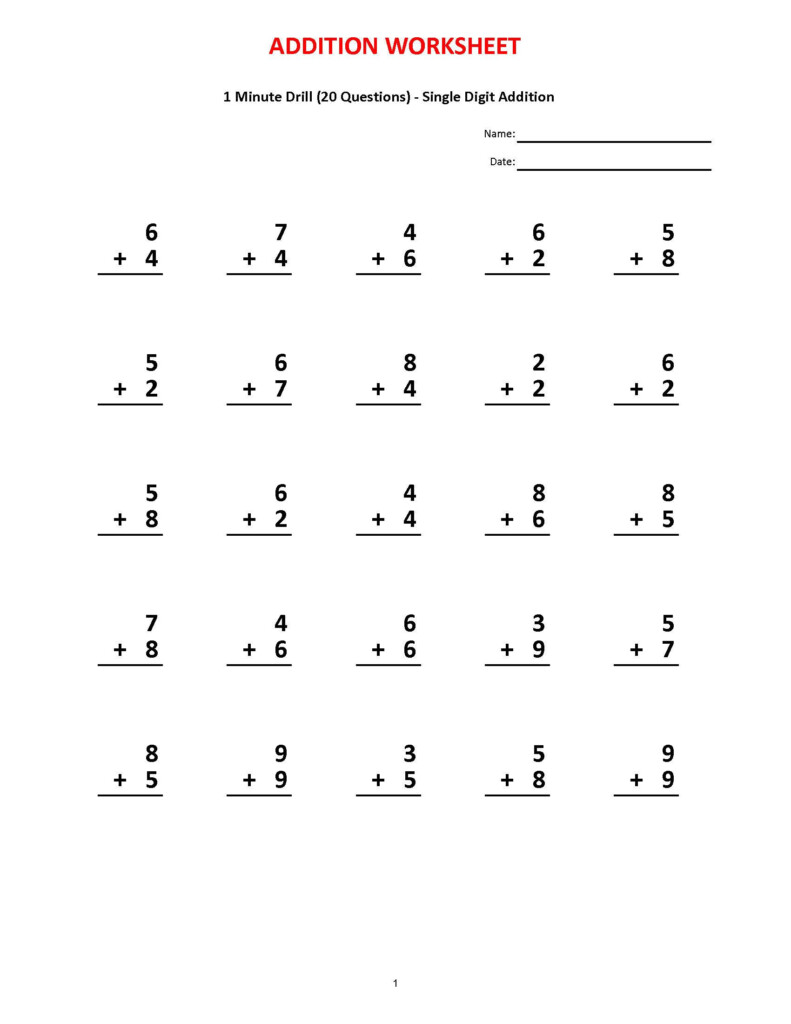 Addition 1 Minute Drill 10 Math Worksheets With Answers pdf Year 1 2 