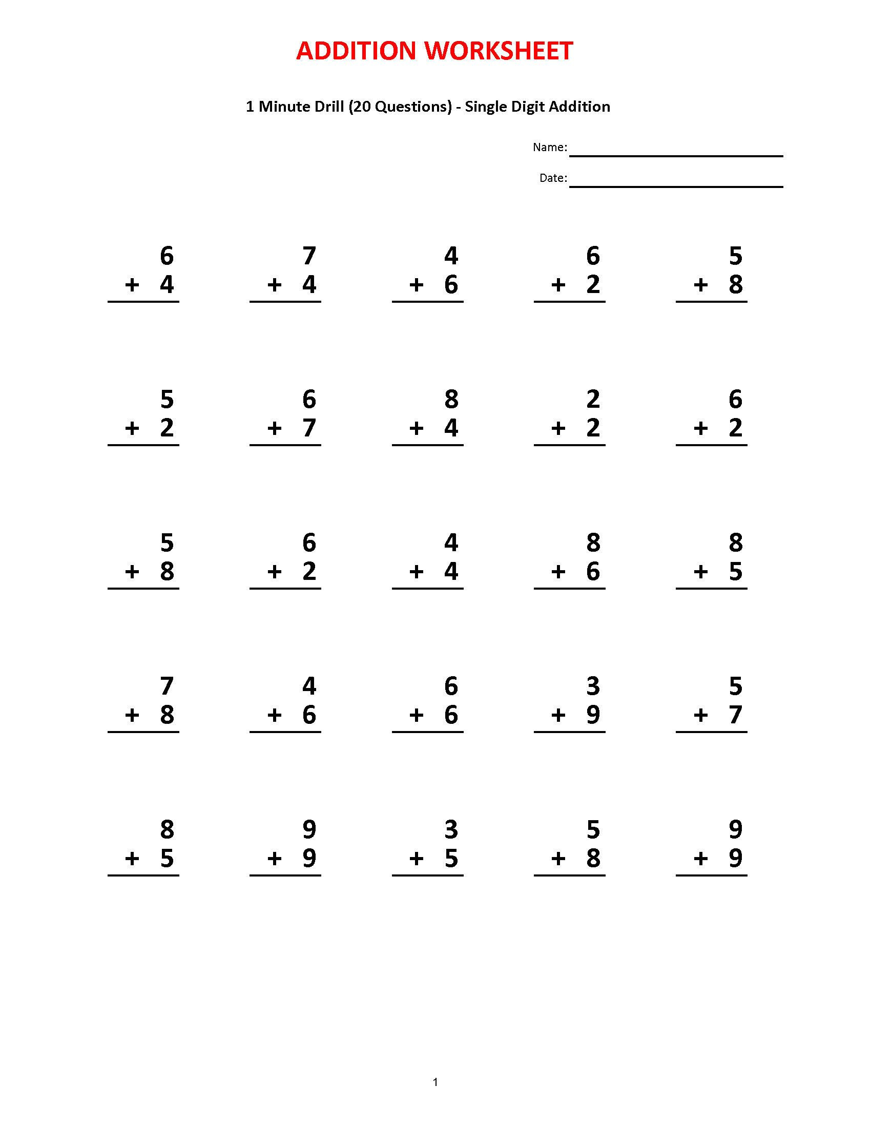 Addition 1 Minute Drill 10 Math Worksheets With Answers pdf Year 1 2 