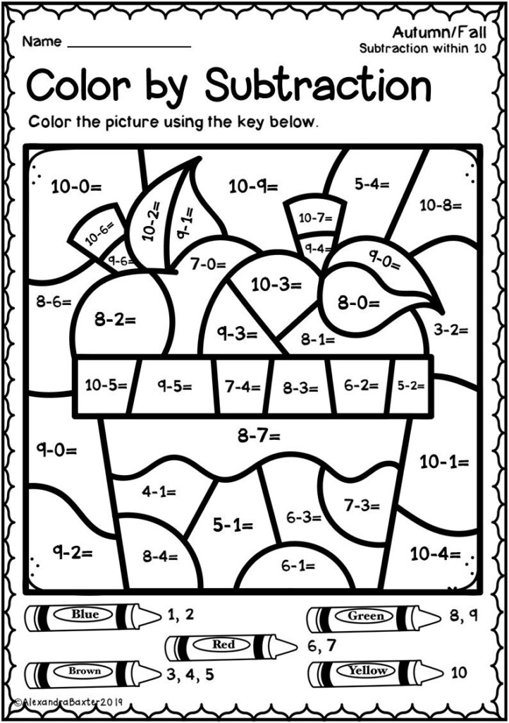 Autumn Fall Color By Subtraction Worksheets Math Pages 1st Grade 
