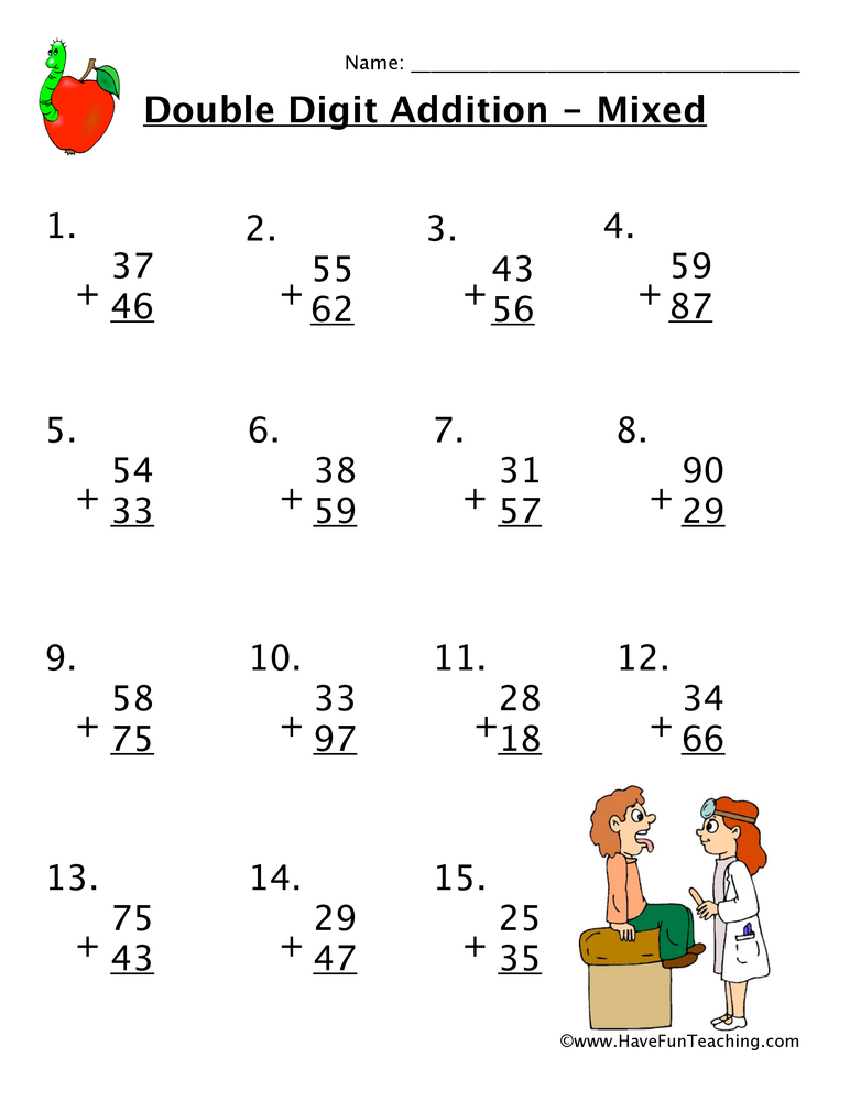 Double digit addition mixed worksheet