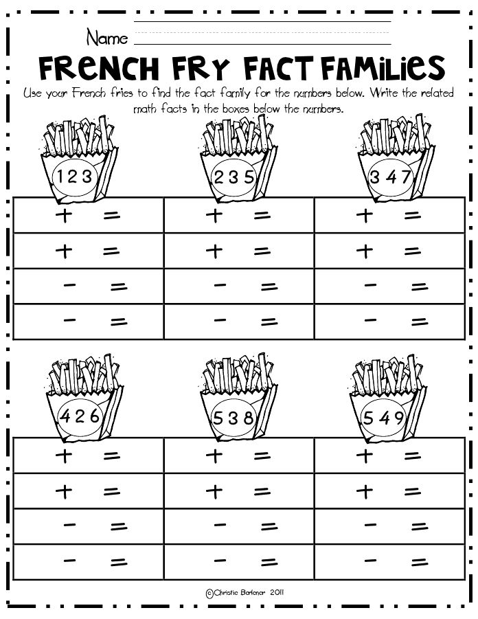 French Fry Fact Families Math Center pdf Fact Family Worksheet Math