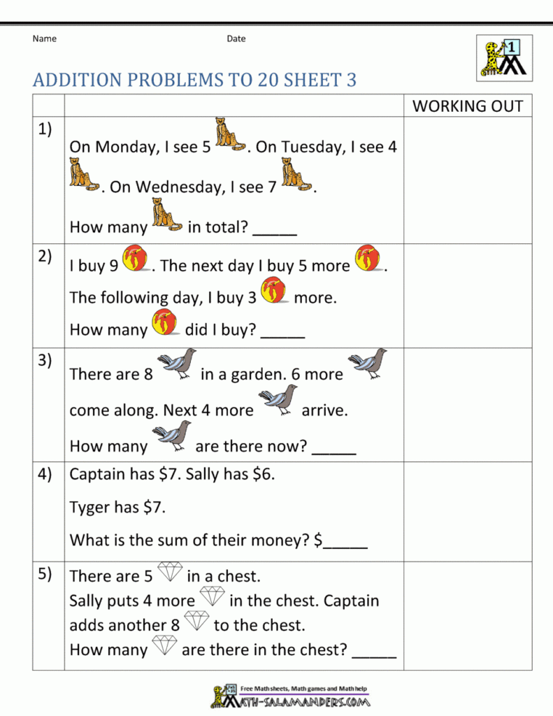 Math Word Problem Worksheets For 1st Grade Triply
