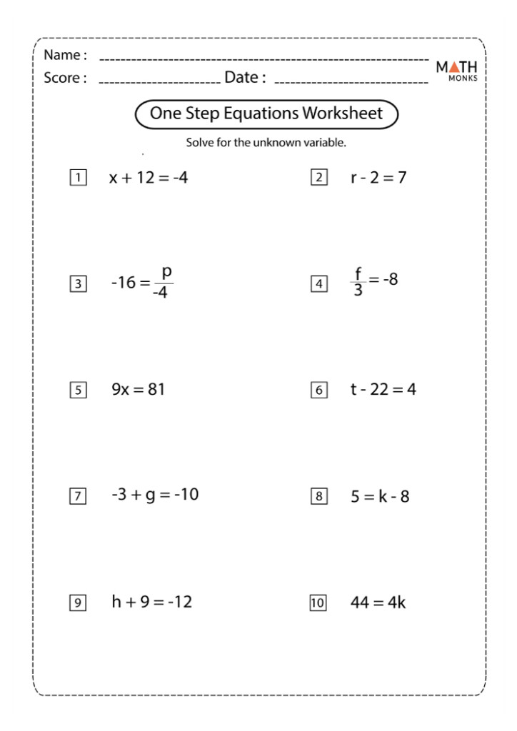 One Step Equations Worksheets Math Monks