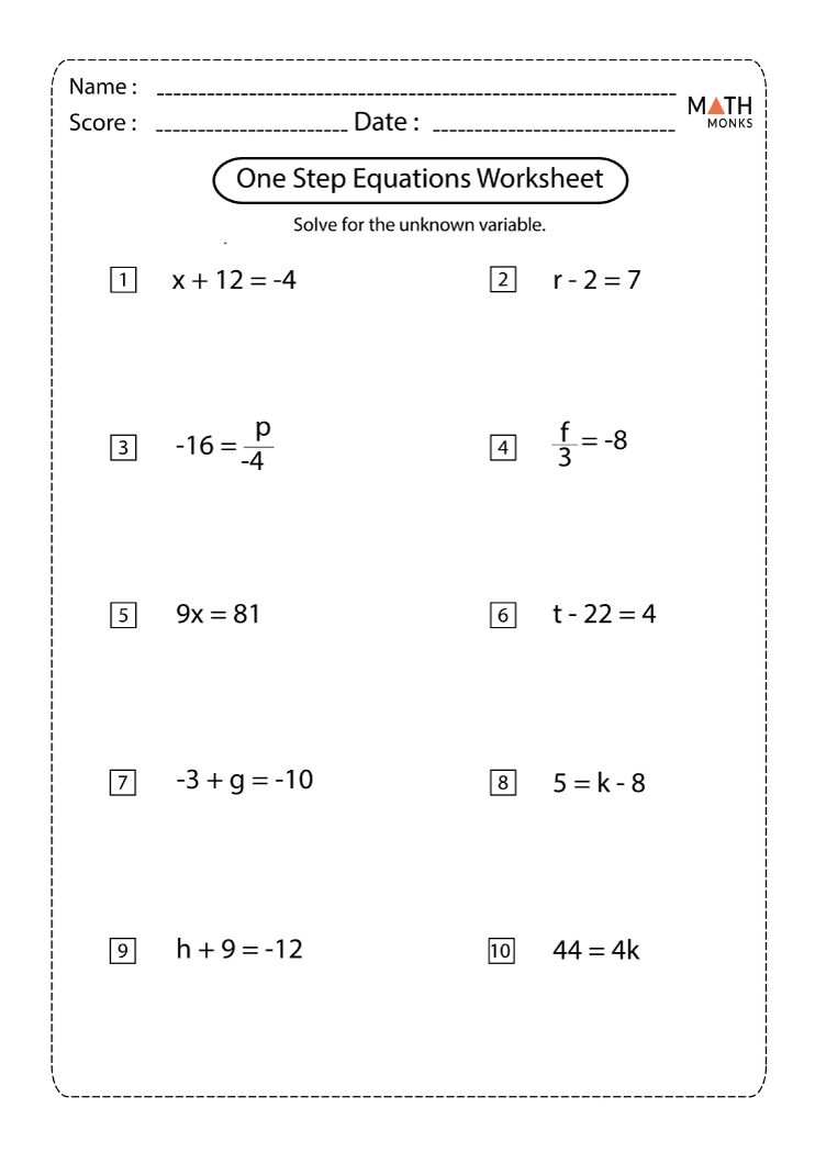 One Step Equations Worksheets Math Monks