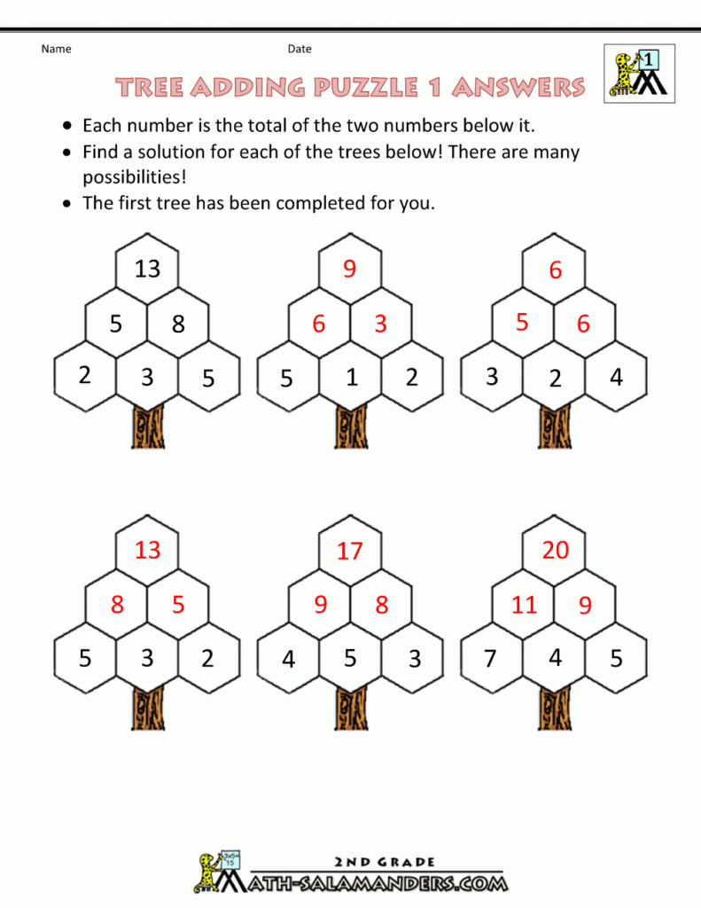 Tree Adding Puzzle 1 Answers Maths Puzzles 2nd Grade Math Worksheets 