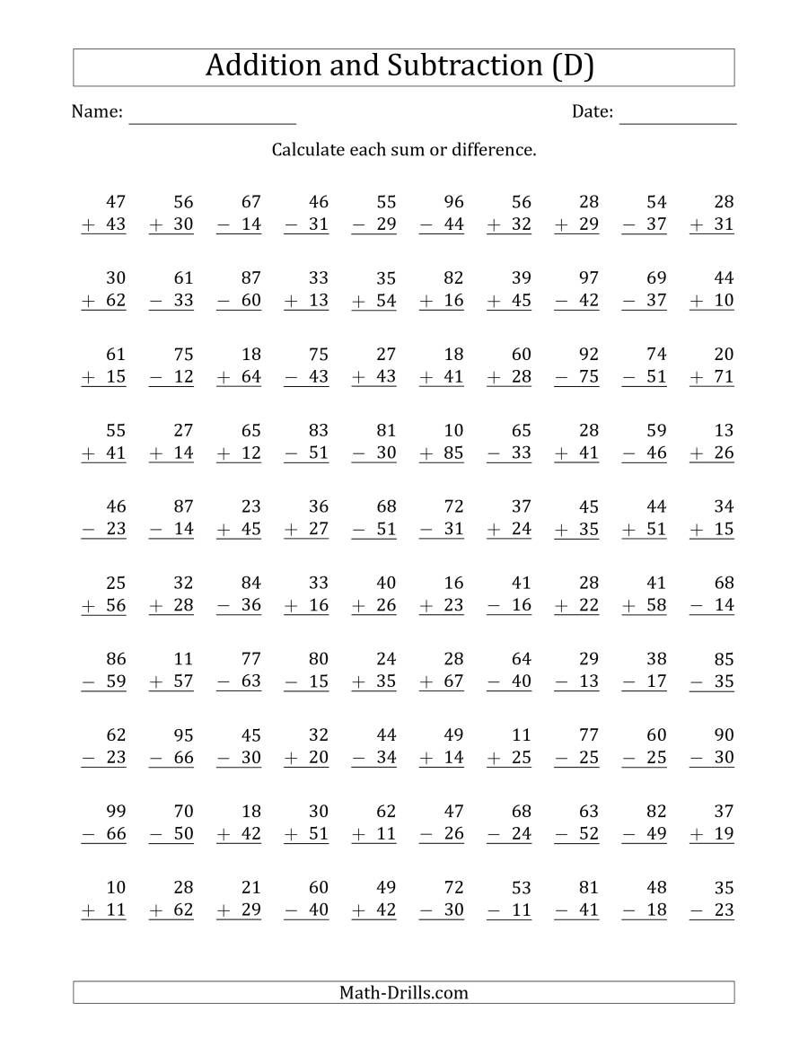 100 Two Digit Addition And Subtraction Questions With Sums Minuends To 