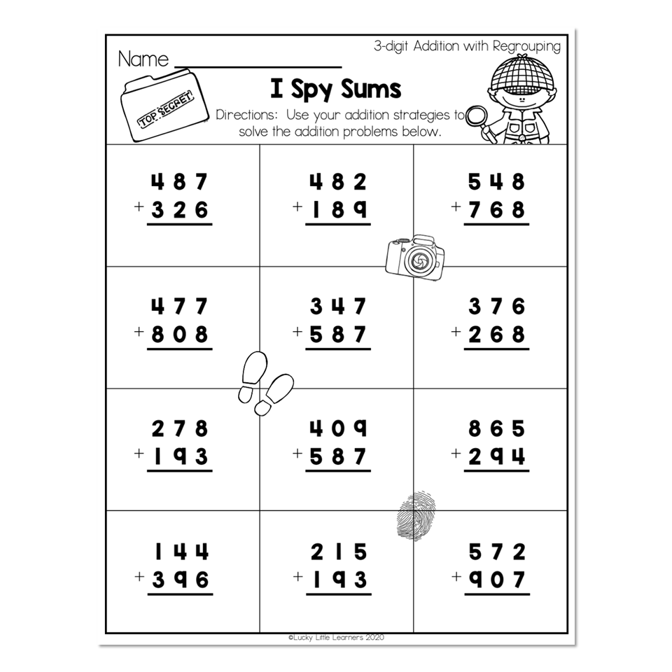 2nd Grade Math Worksheets 3 Digit Addition With Regrouping I Spy 