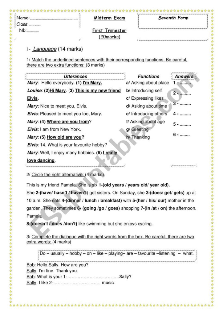 7th Grade First Trimester Midterm Exam 2020 ESL Worksheet By Sammy tn