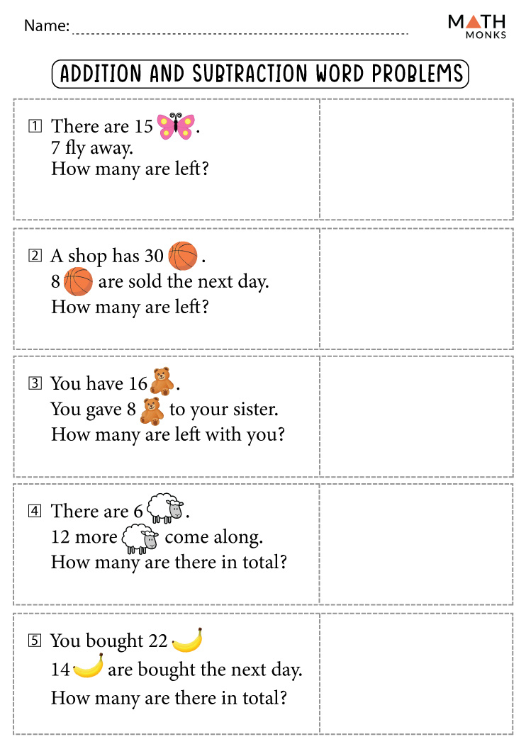 Addition And Subtraction Word Problems Worksheets With Answer Key