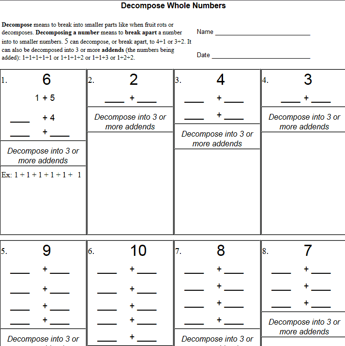 Decomposing Mixed Numbers Worksheet