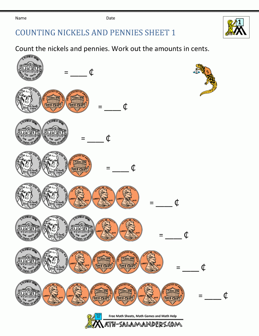 Free Counting Coins Worksheets