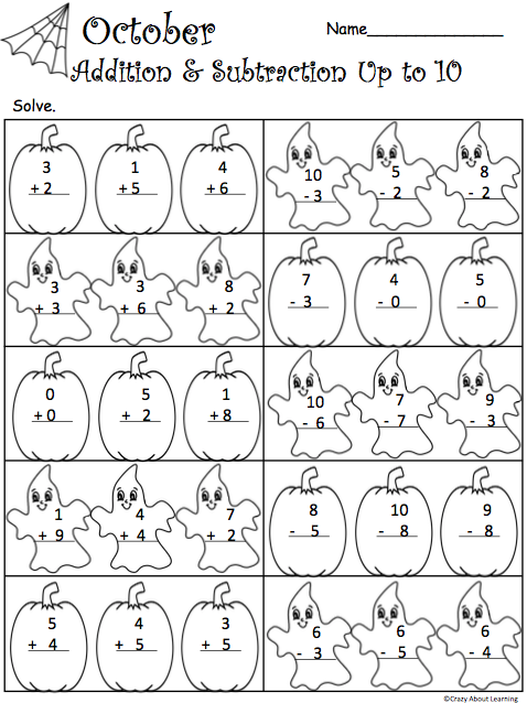 Free October Halloween Addition Subtraction Up To 10 Worksheet Made 