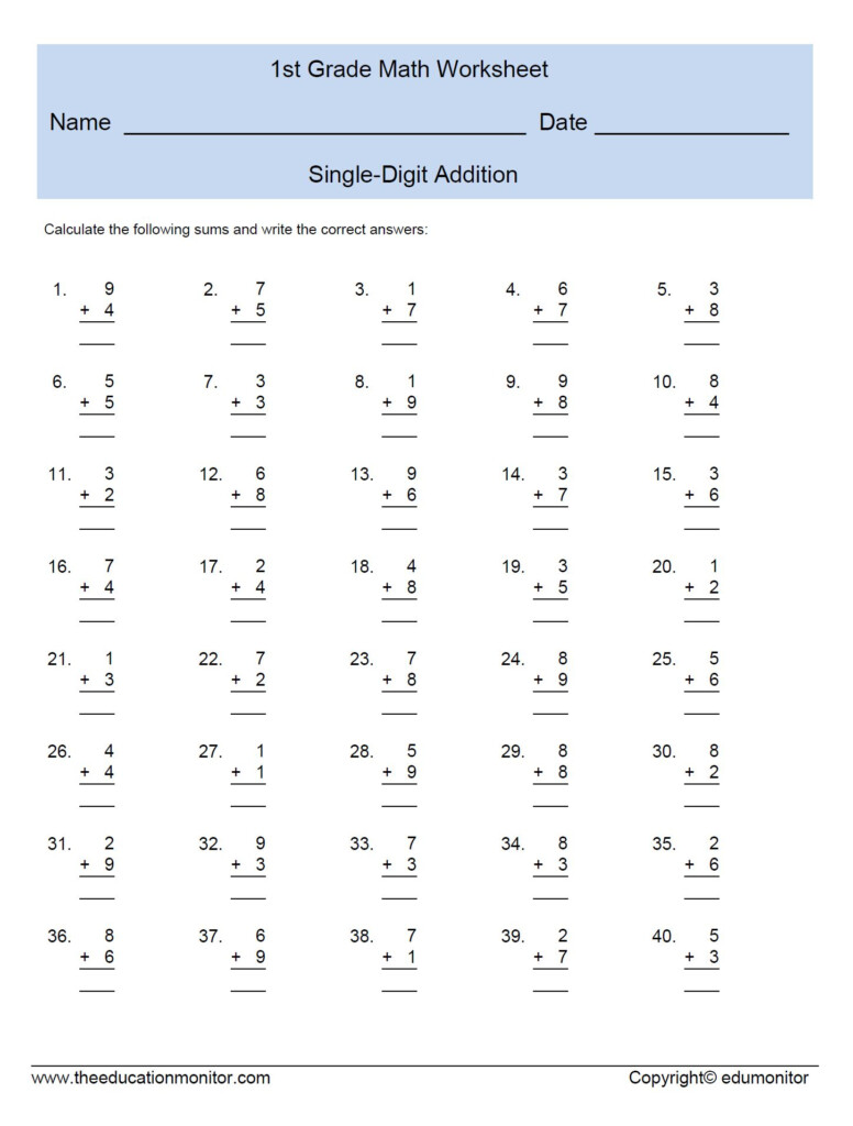 Free Printable 1st Grade Math Worksheets Addition In Pdf First Grade 
