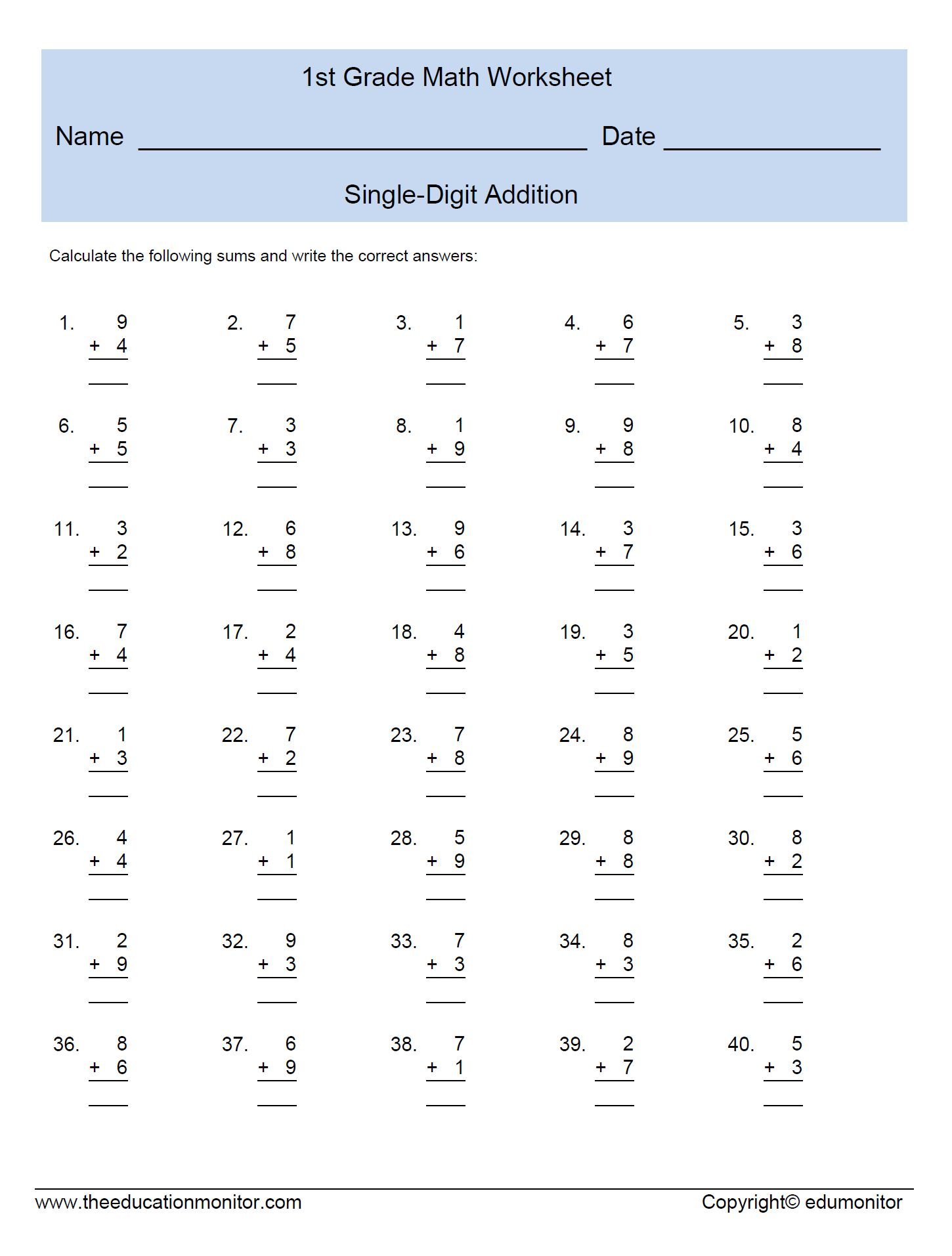 Free Printable 1st Grade Math Worksheets Addition In Pdf First Grade 