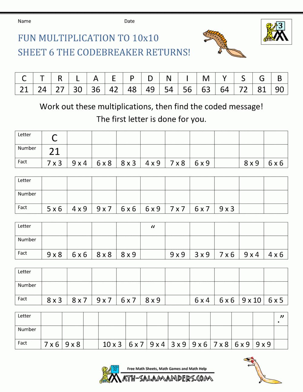 Hidden Mystery Math Messages Multiplication Basic Facts Math 