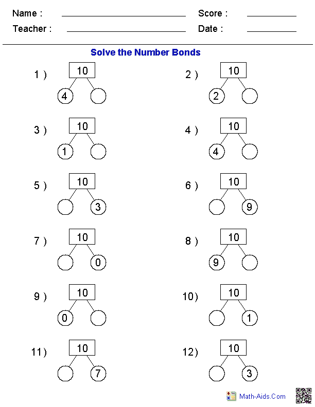 Math Worksheets Dynamically Created Math Worksheets Number Bonds 