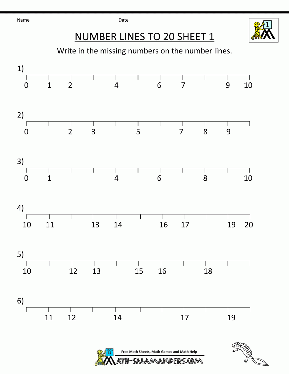 Number Line To 20 Worksheets
