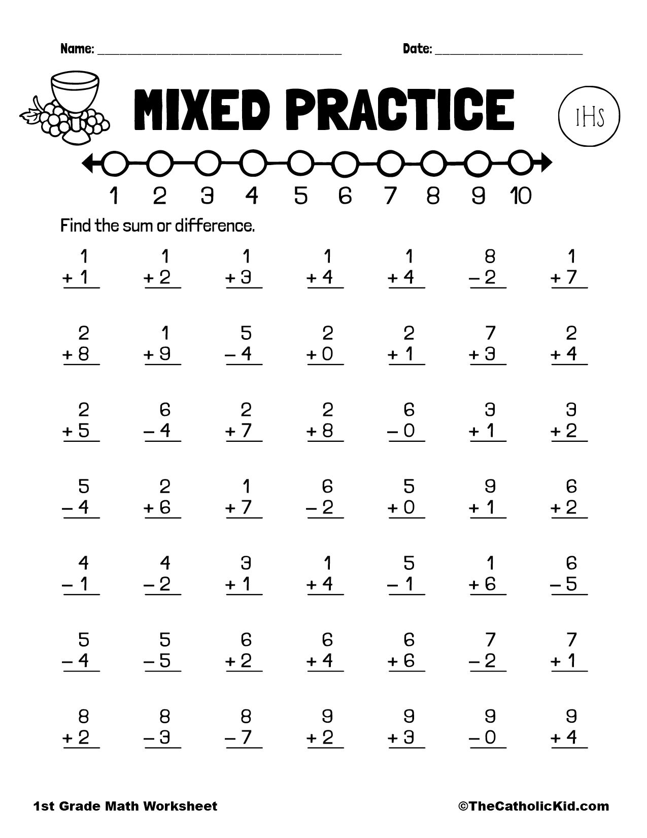 Addition Subtraction Practice 1st Grade Math Worksheet Catholic 