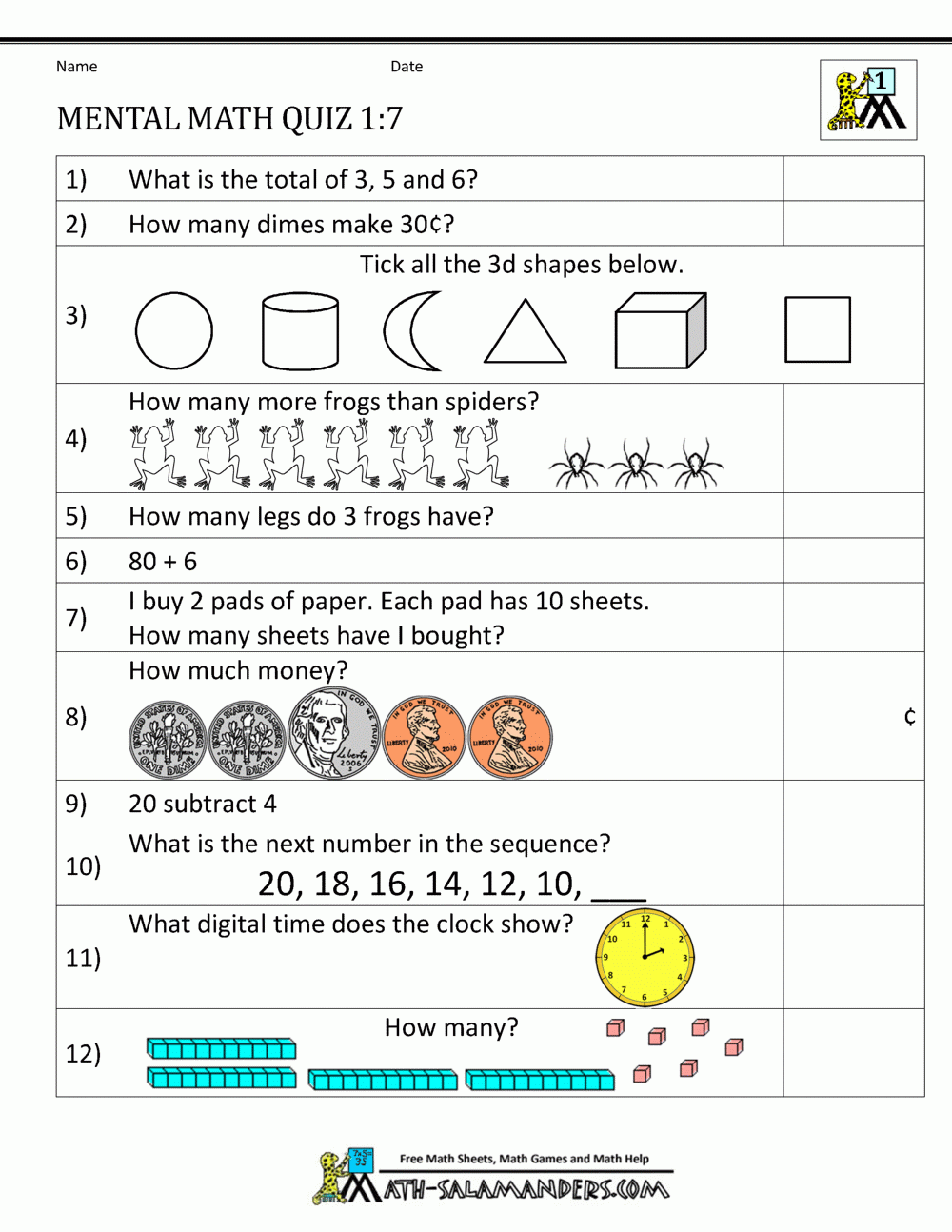 First Grade Mental Math Worksheets First Grade Mental Math Worksheets 