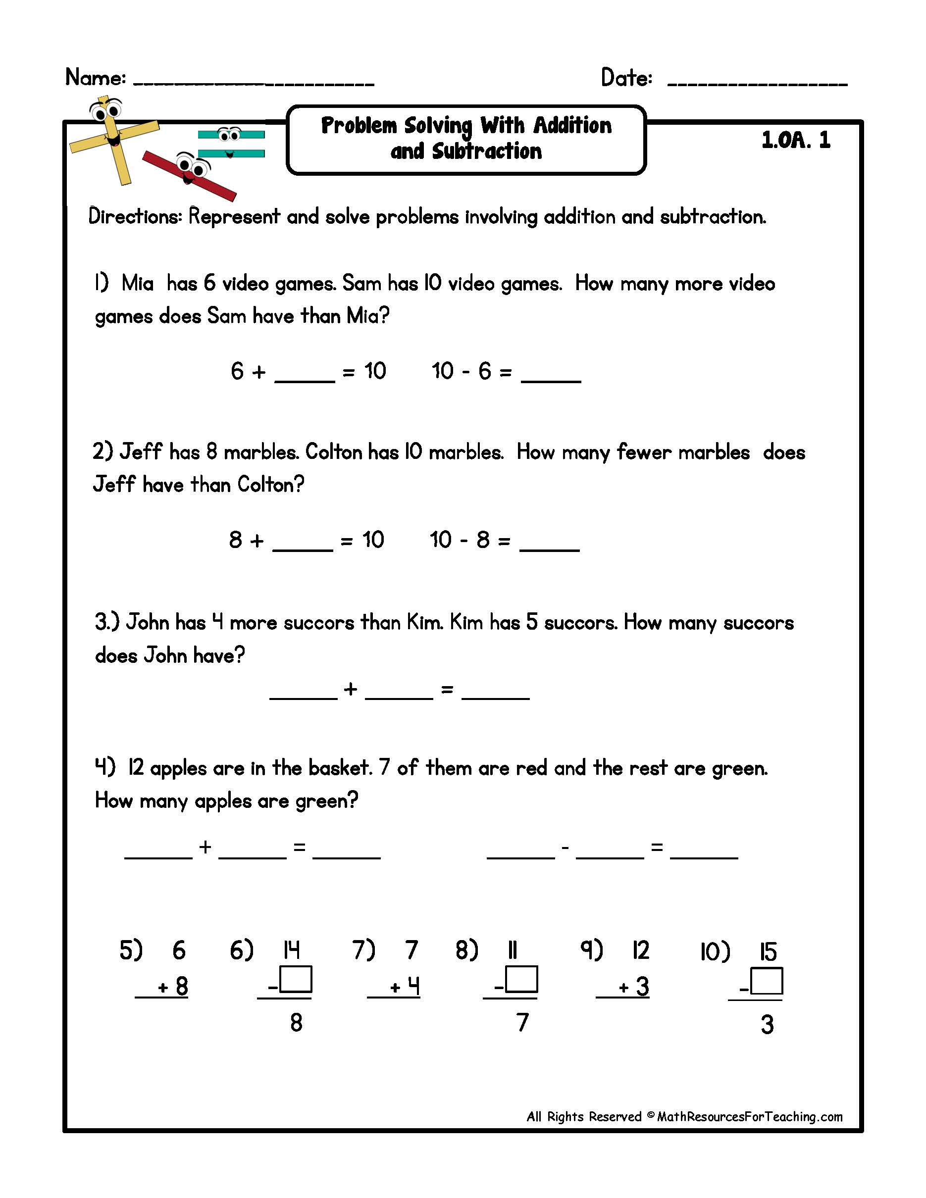 Grade 1 Solving Subtraction Equations Worksheet